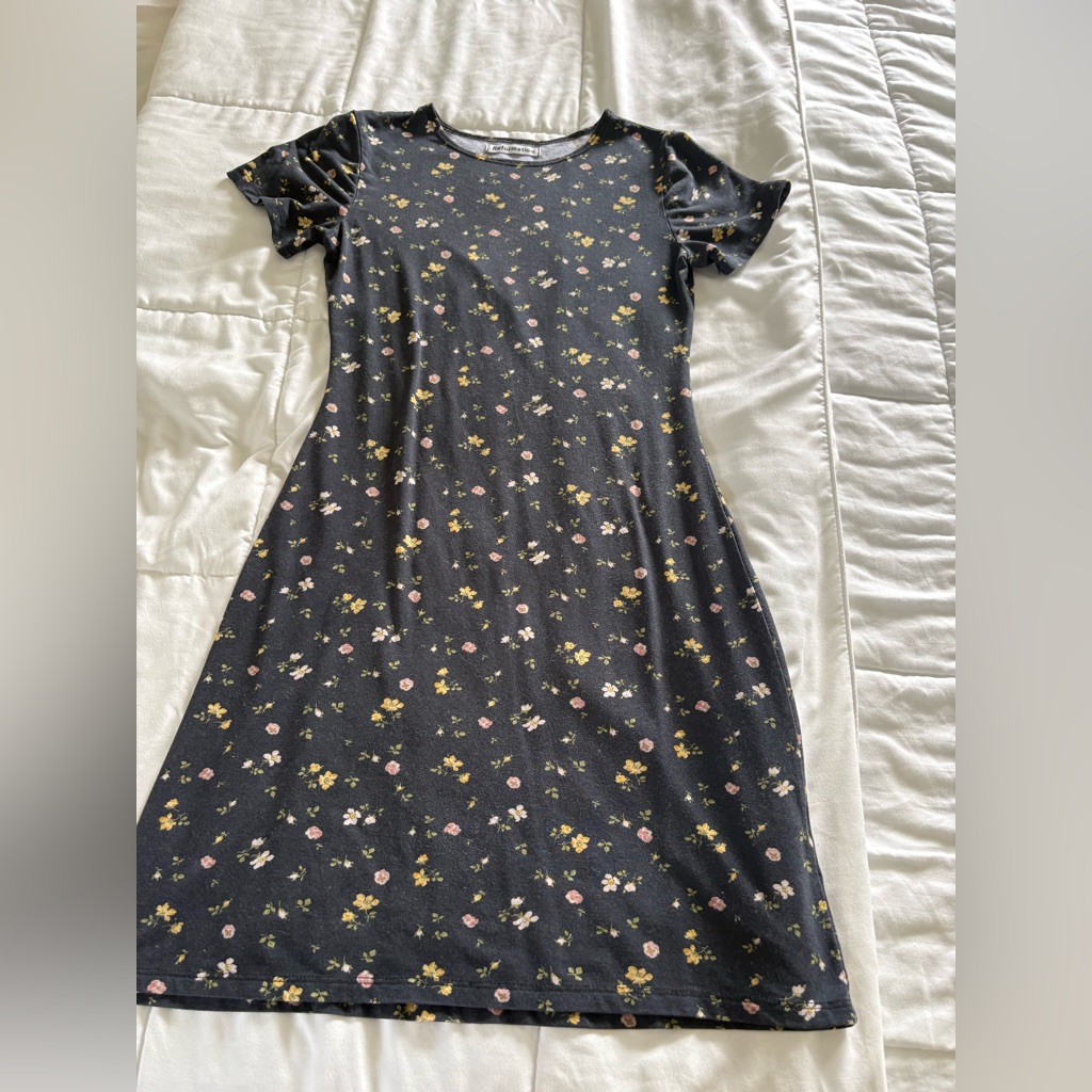 Reformation Black Dress With Yellow And Pink Floral Pattern